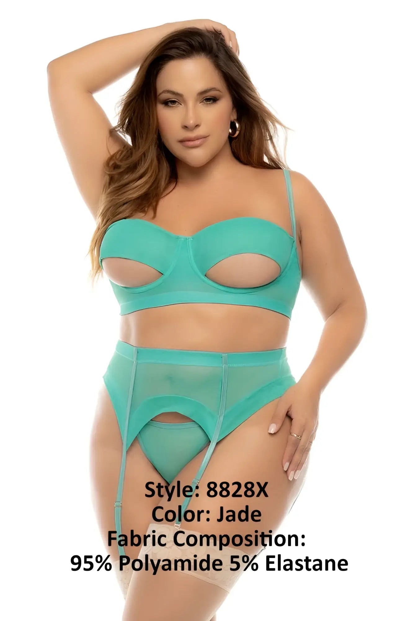 Jade green sheer lingerie set with cutout design and adjustable straps mapale 8828x sasha three piece set plus color jade