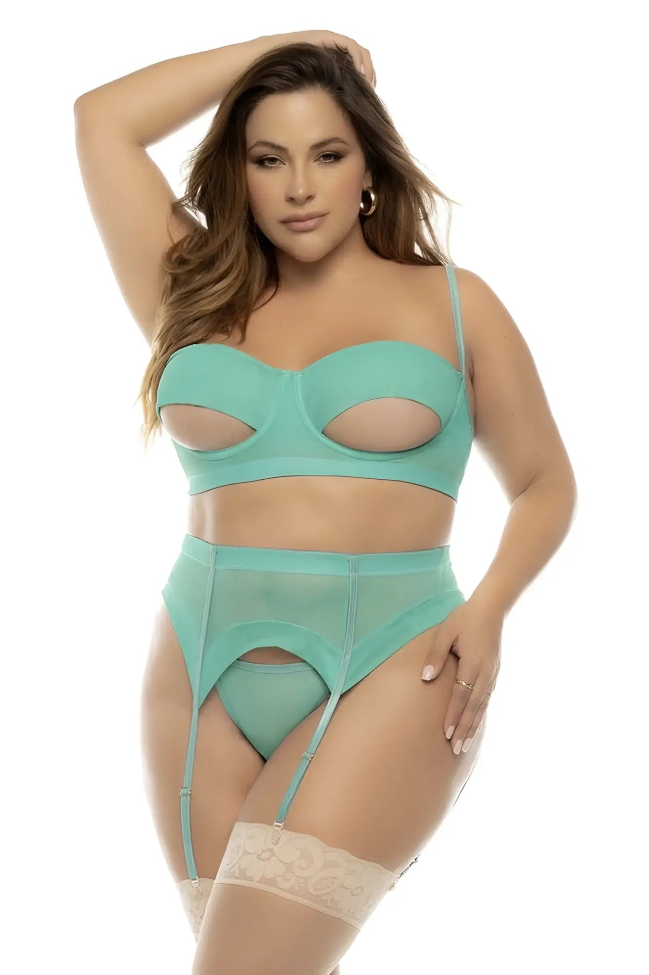 Mint green sheer lingerie set with lace trim and adjustable straps from Mapale 8828X Sasha three piece set jade