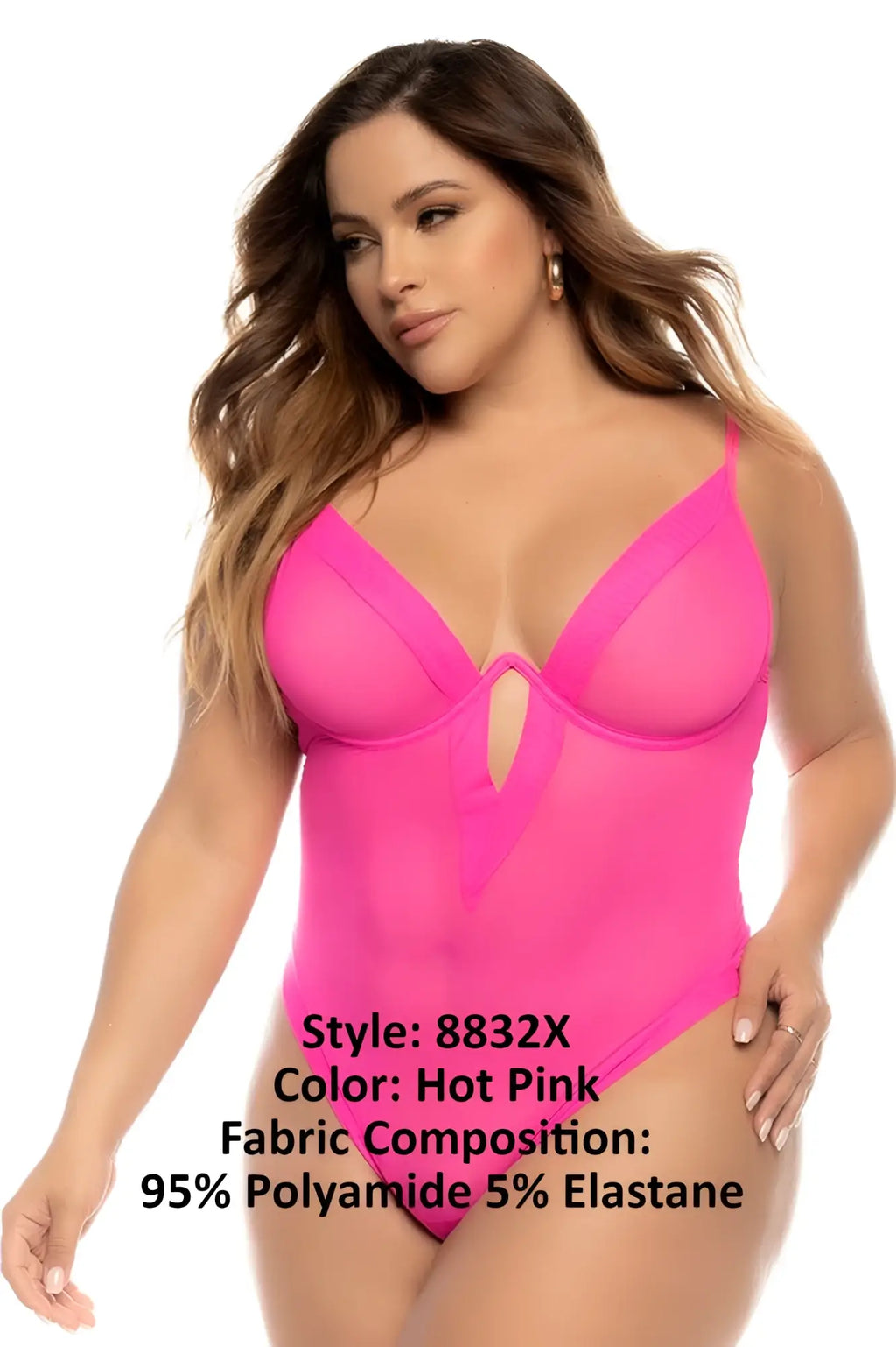 Mapale 8832X Debra bodysuit hot pink one-piece swimsuit with sheer mesh panels and central keyhole cutout front view