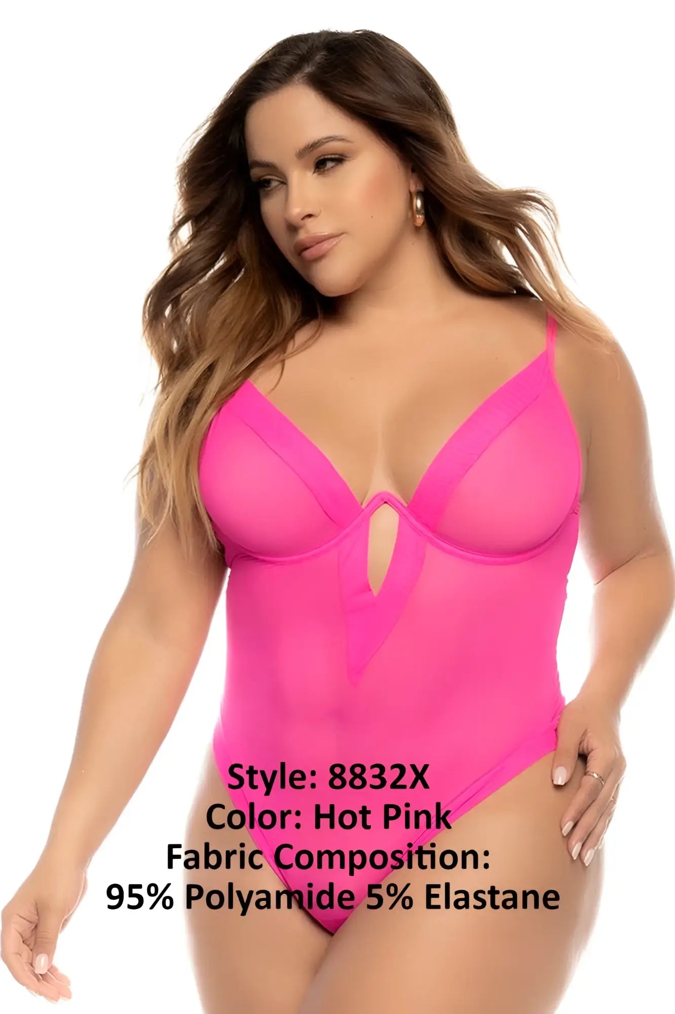 Mapale 8832X Debra bodysuit hot pink one-piece swimsuit with sheer mesh panels and central keyhole cutout front view