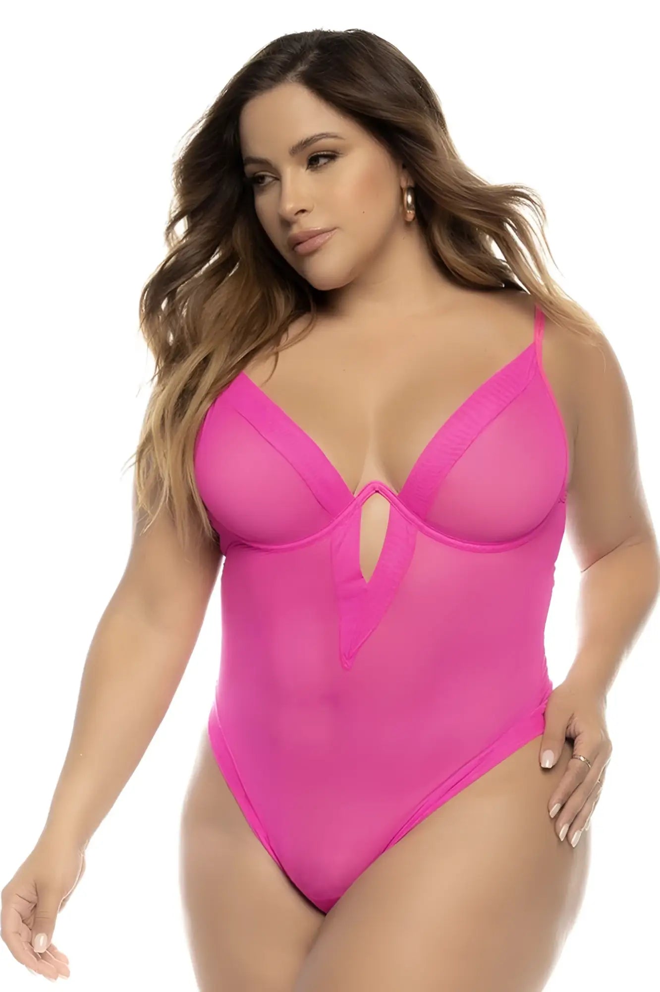 Mapale 8832X Debra bodysuit plus vibrant hot pink sheer one-piece with plunging neckline and side cutouts