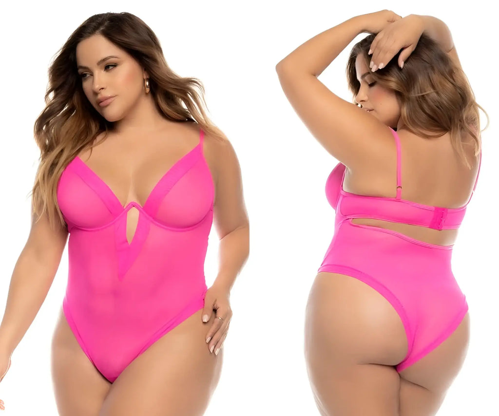 Mapale 8832X Debra bodysuit hot pink sheer one-piece swimsuit with plunging neckline and side cutouts