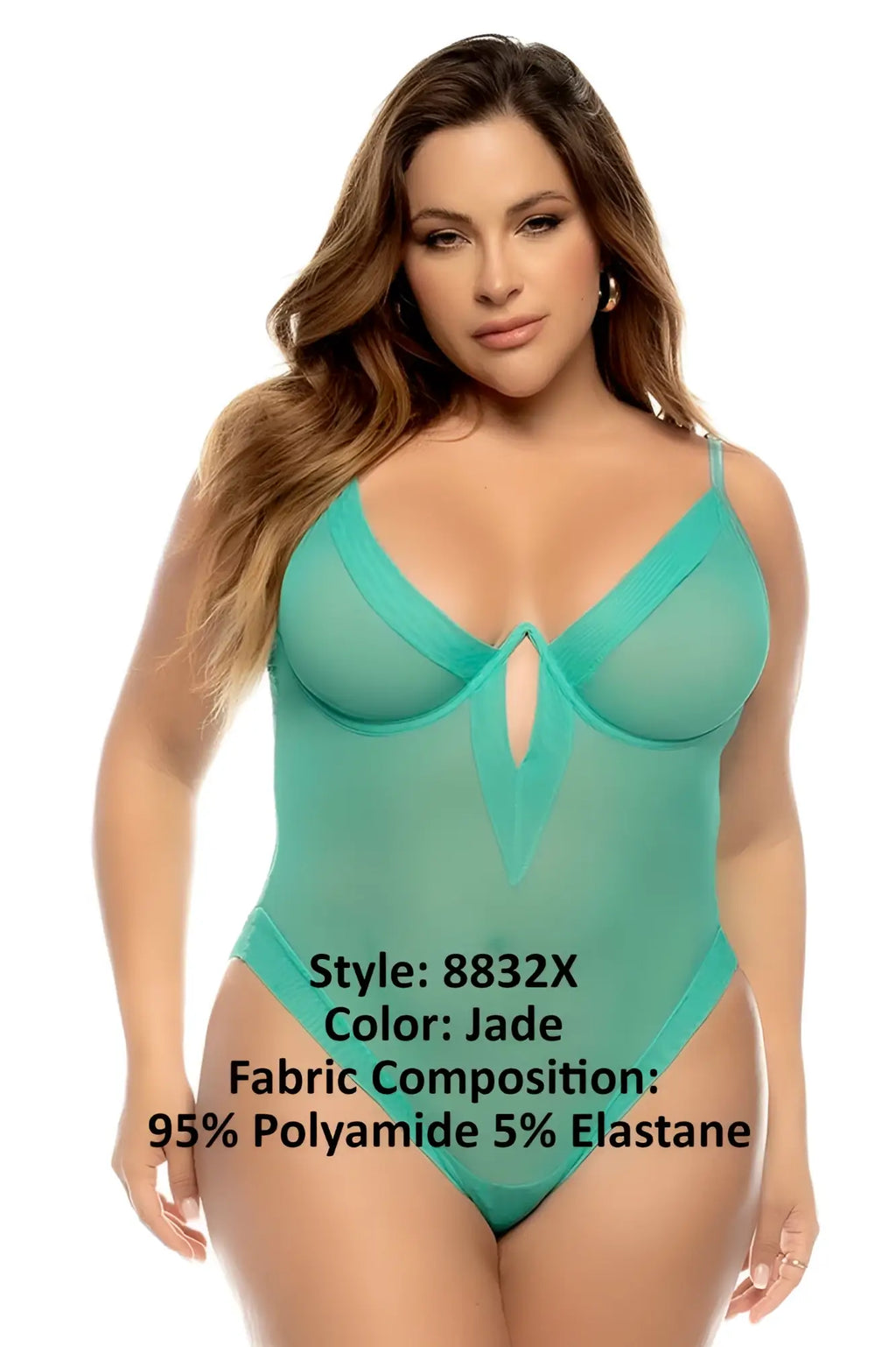 Jade-colored sheer one-piece bodysuit with v-neckline and side cutouts by mapale 8832x debra bodysuit plus