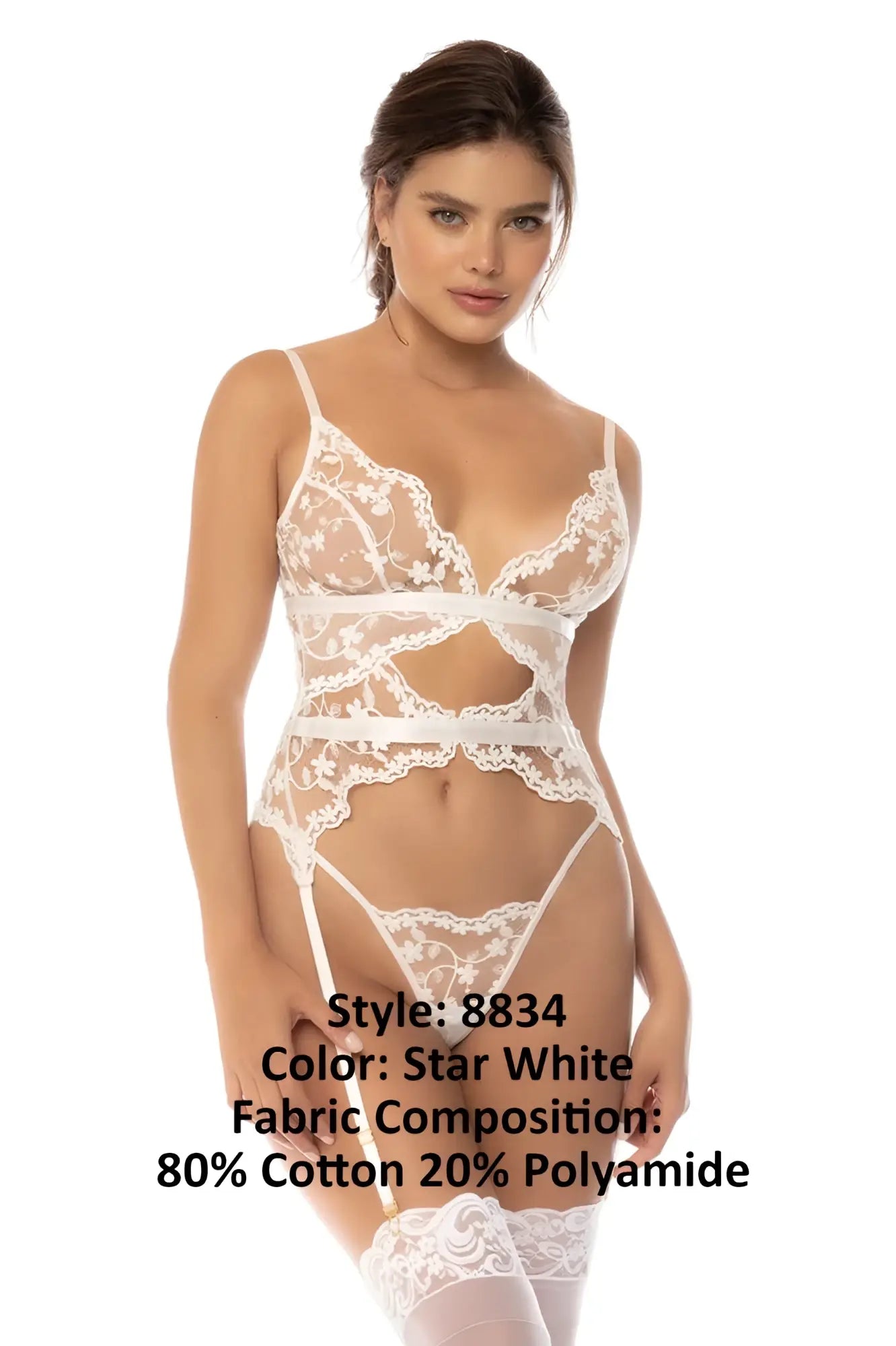 Star white lace bodysuit with delicate floral patterns and thin straps made of 80% cotton and 20% polyamide