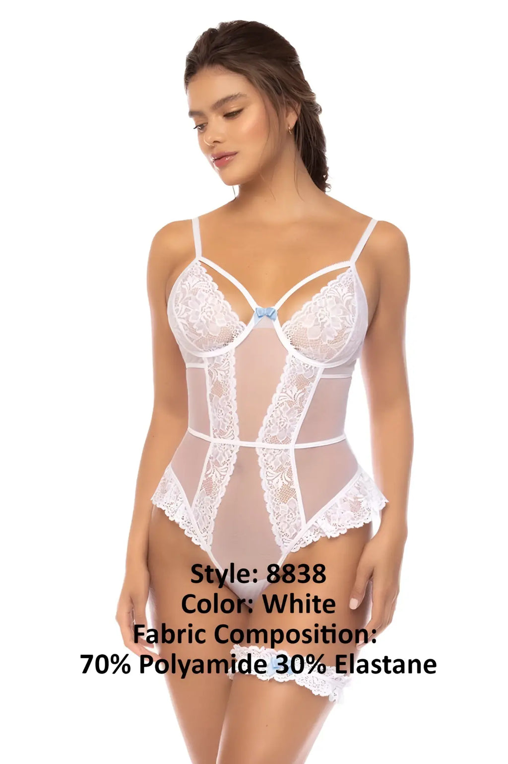 White lace bodysuit mapale 8838 emmeline teddy with sheer panels floral embroidery made of polyamide and elastane