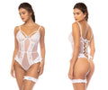 White lace bodysuit with sheer panels and matching garter belt by mapale in white lace material