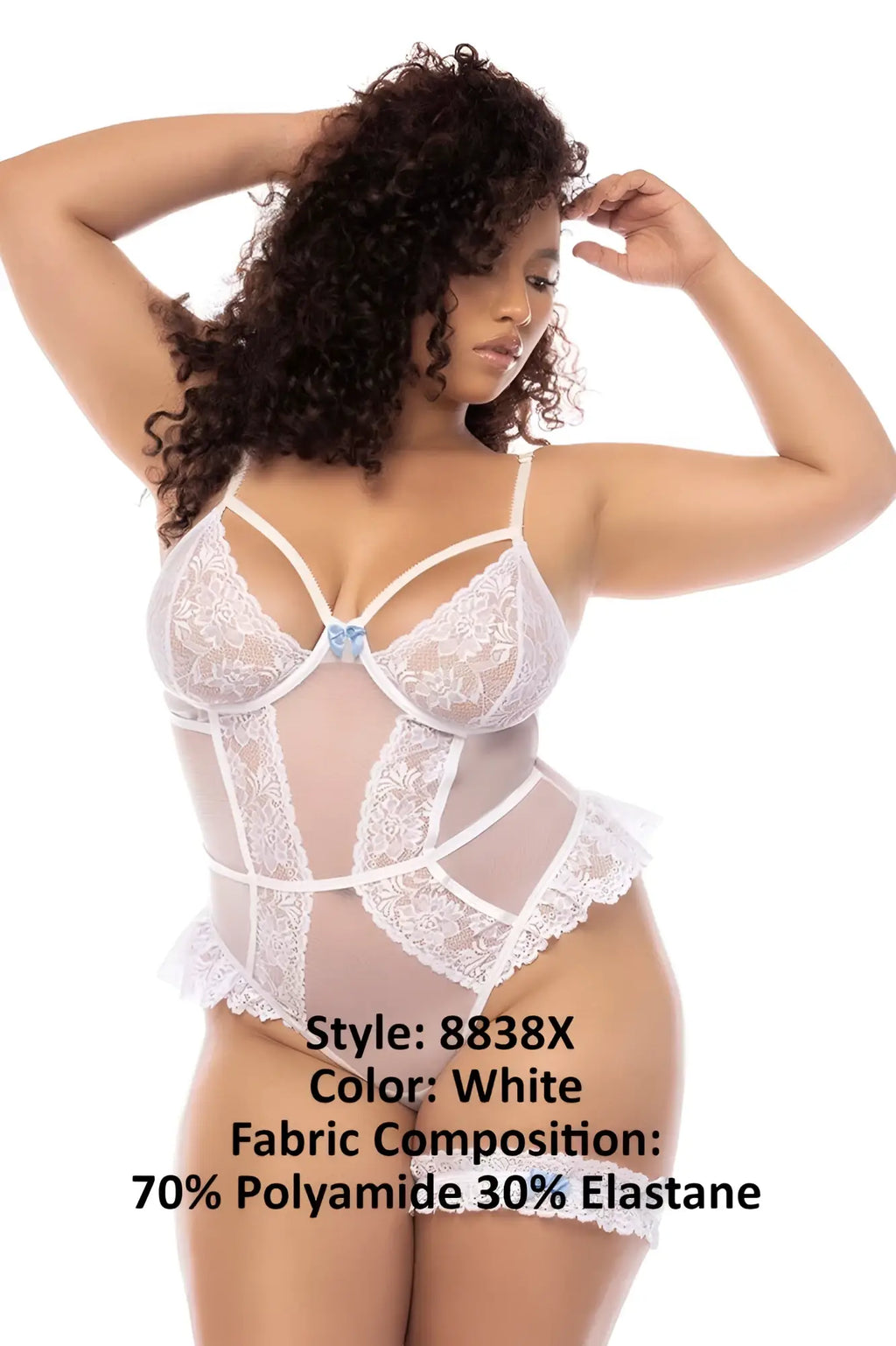 White lace bodysuit mapale 8838x emmeline teddy with sheer mesh panels and delicate floral embroidery in white