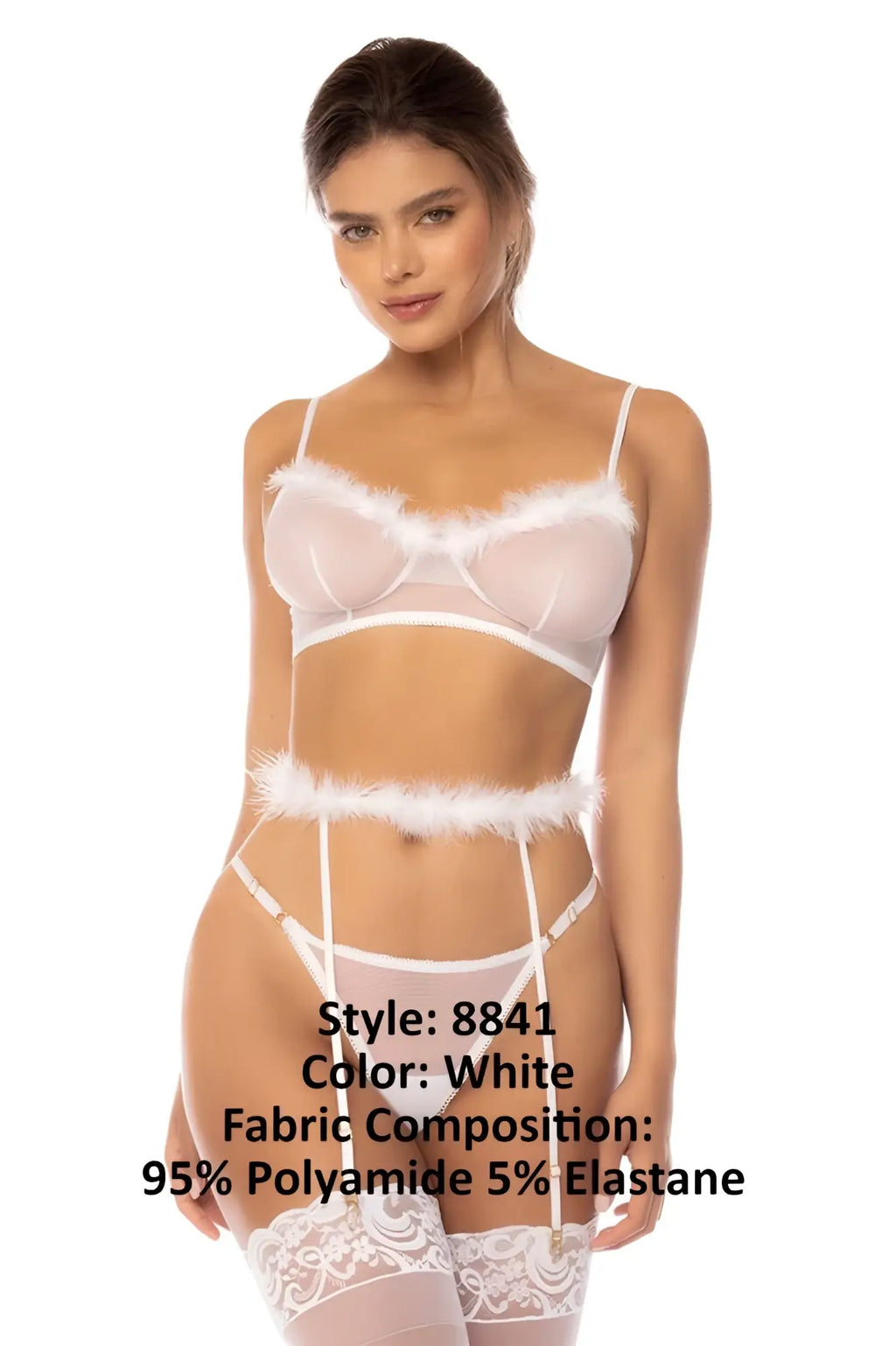 Mapale 8841 Emmie three piece lingerie set in white with sheer mesh cups lace and feathered details with garter belt