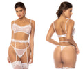 White lace and sheer mesh lingerie set with feather trim and garter straps by mapale color white