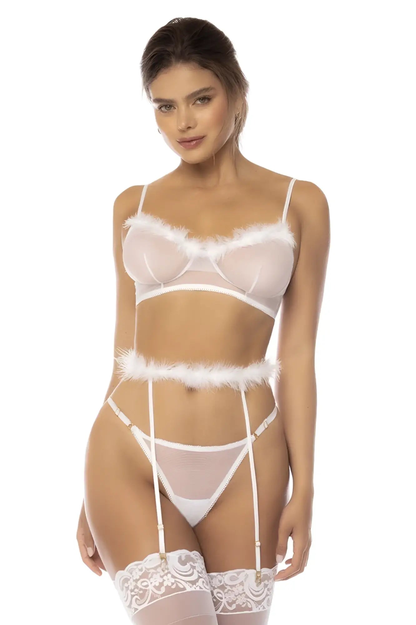 White sheer lace lingerie set with feather trim and garter straps by Mapale 8841 Emmie three piece set