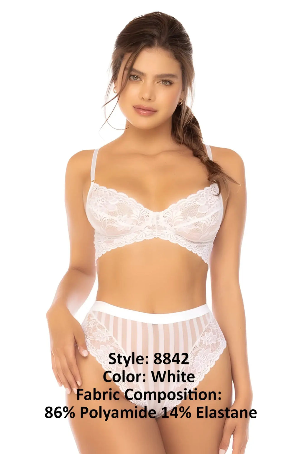 White lace bra and matching panties set by Mapale featuring delicate floral patterns and sheer striped design