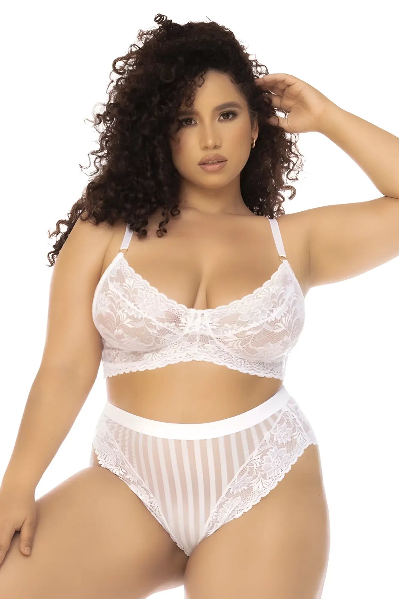 White lace bra and matching high-waisted panties with vertical sheer stripes in mapale 8842x emberly set plus