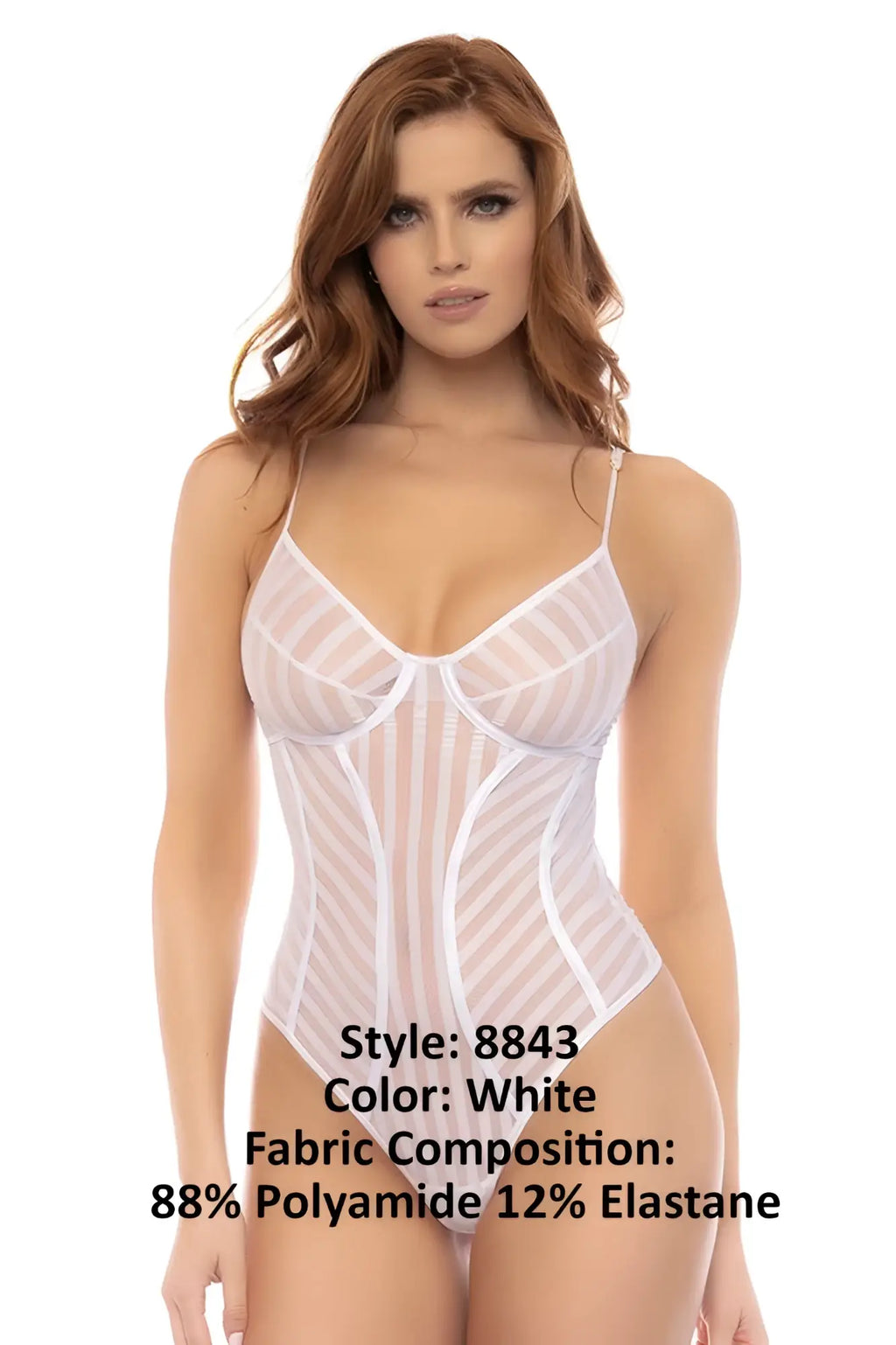 White sheer bodysuit with diagonal striped pattern and thin spaghetti straps from mapale 8843 emery collection