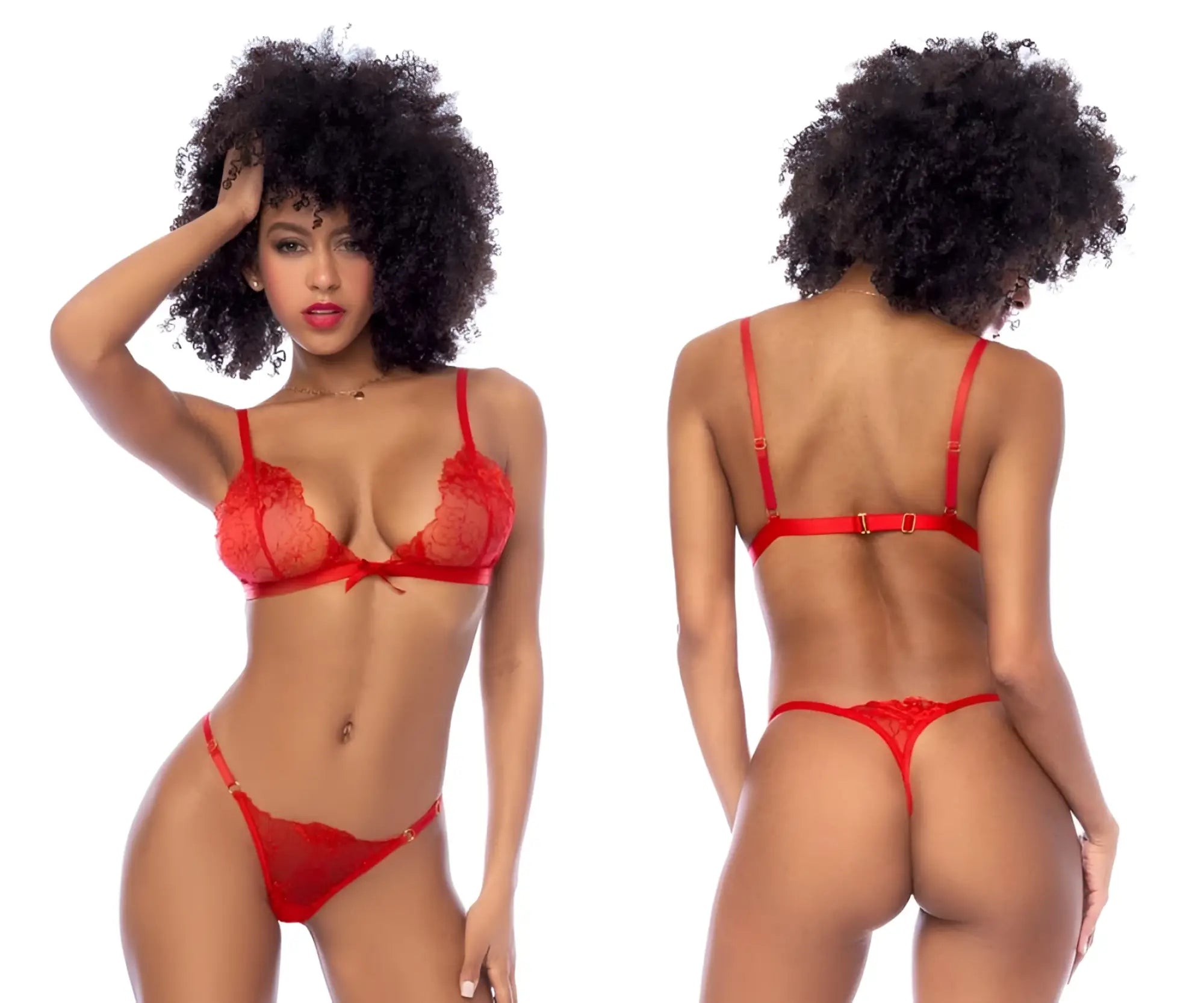 Red lace lingerie two piece set by mapale featuring thin straps and delicate bow detail in vibrant red color