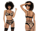 Black lace lingerie three piece set with floral embroidery and adjustable straps in nude and black by Mapale