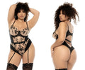 Black lace mapale 8846X nellie bodysuit with sheer panels and adjustable straps in nude and black color