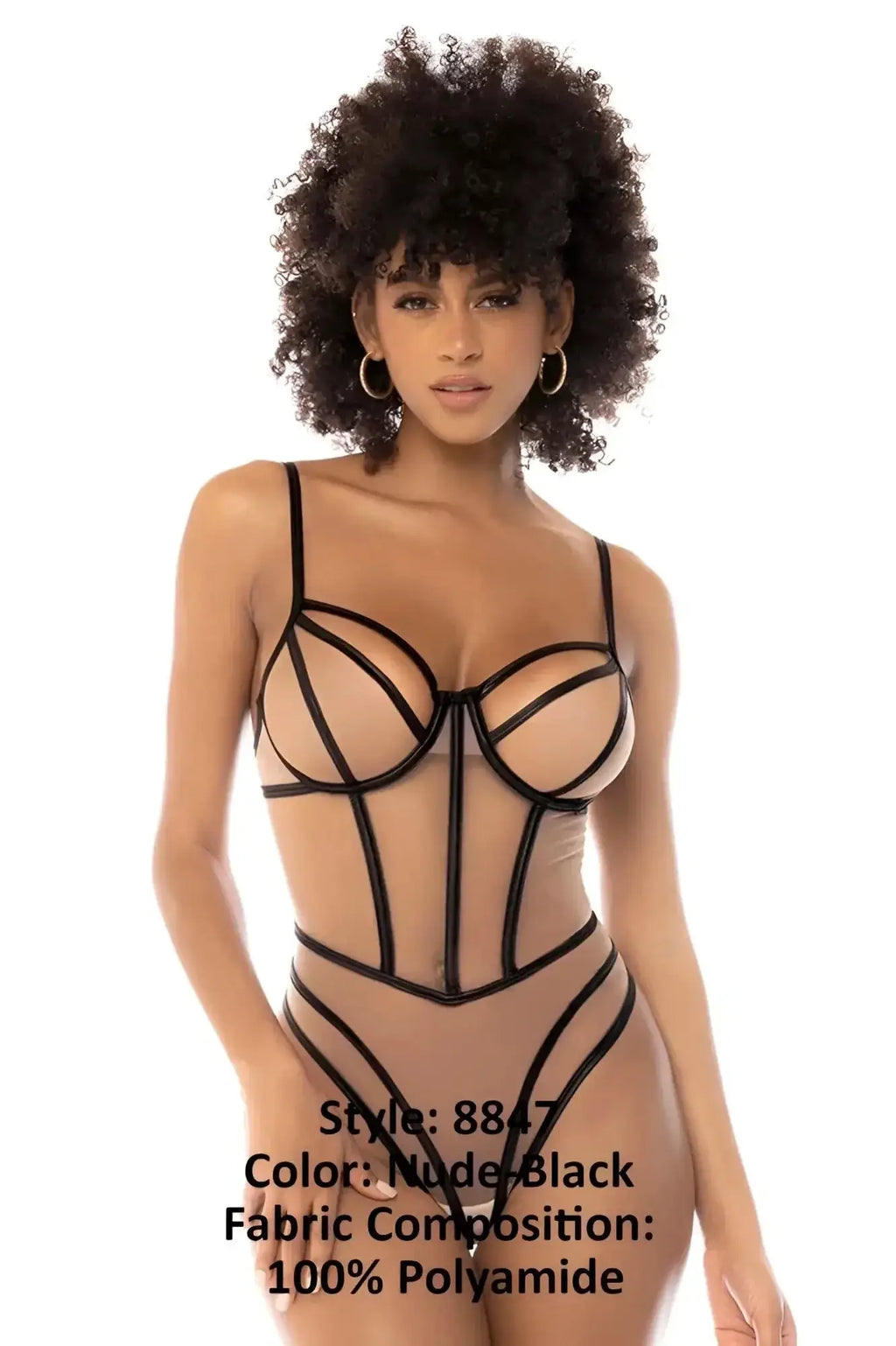 Mapale 8847 promise bodysuit in nude-black features black lace, nude sheer panels, and a corset-style design