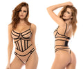 Black lace-trimmed bodysuit with sheer mesh panels and structured corset detailing from mapale 8848 solainea set in nude-black
