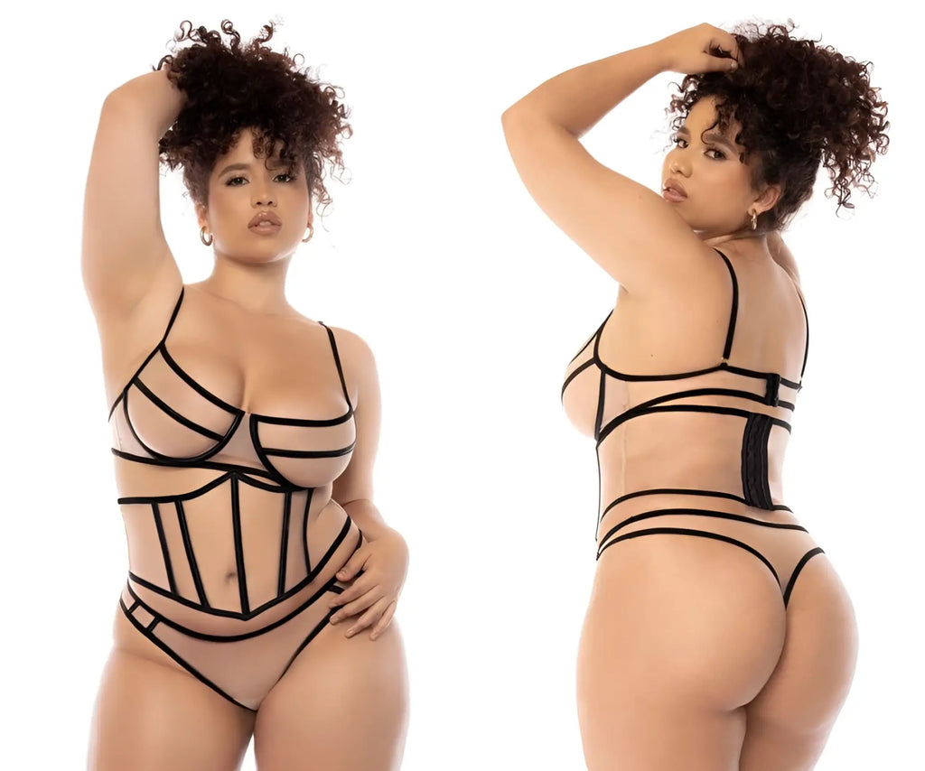 Black sheer lace bodysuit with bold geometric straps in nude-black Mapale 8848X Solaine three piece set front view