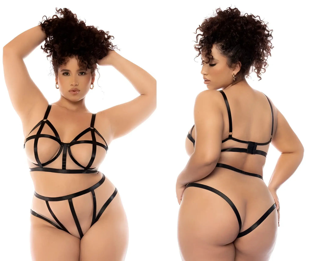 Mapale 8849X Havana two piece set plus in black features a lace-up bra and matching thong in delicate lace material