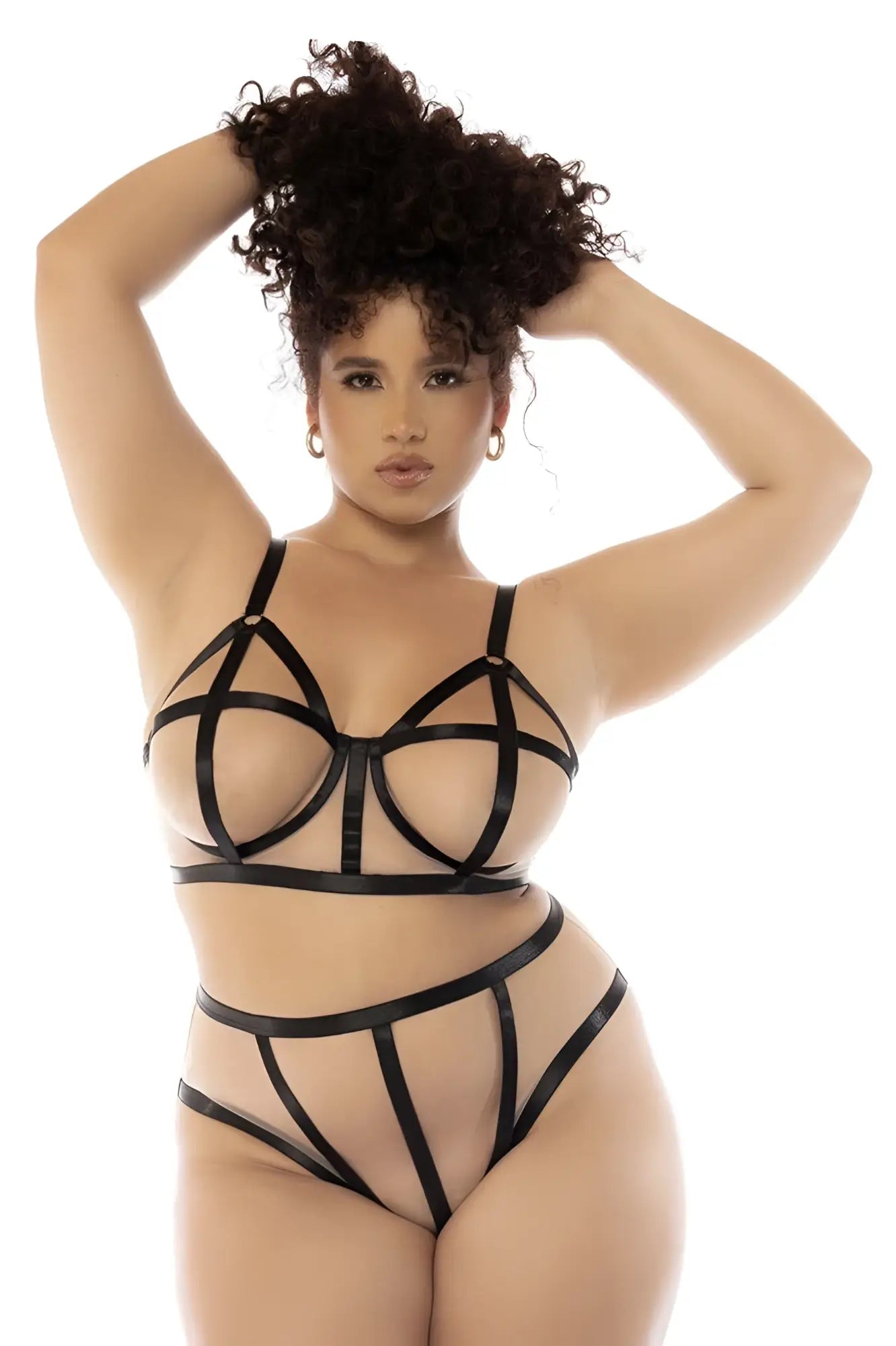 Mapale 8849X Havana two piece set plus color nude-black featuring black lace-up bra and matching thong set