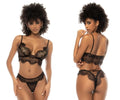 Black lace lingerie two piece set with delicate floral patterns and sheer mesh panels by Mapale 8852 Tabitha in black