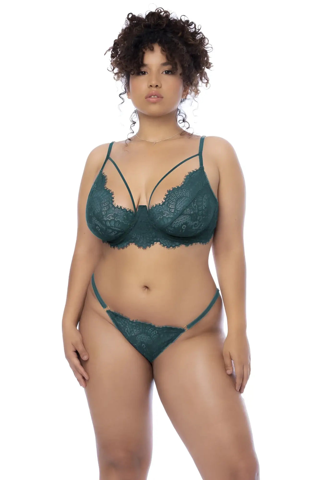 Mapale 8866X sea green three piece set featuring emerald green lace bra and matching thong for elegant lingerie wear