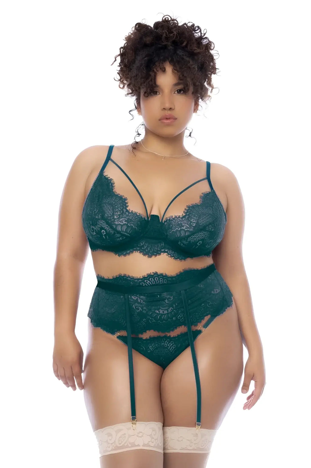Mapale 8866x sea green emerald lace lingerie three piece set with matching garter belt and stockings