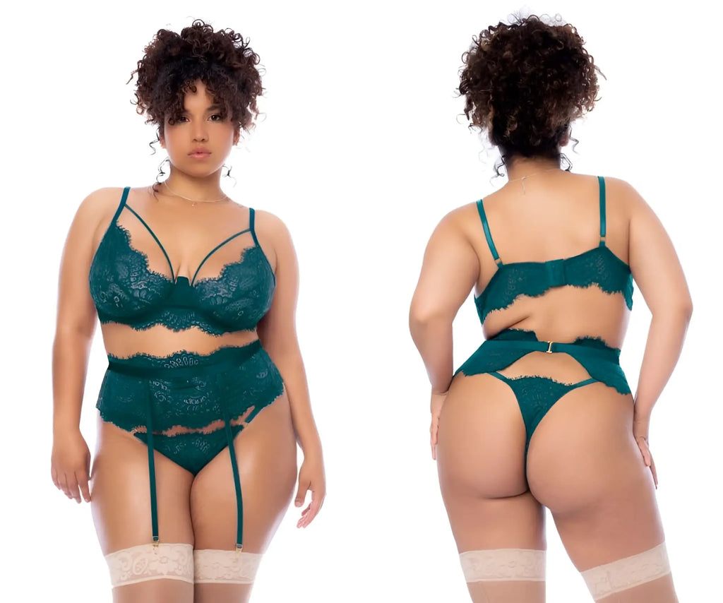 Mapale 8866X sea green three piece lingerie set with emerald green lace floral patterns and matching garter straps