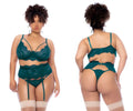 Mapale 8866X sea green three piece lingerie set with emerald green lace floral patterns and matching garter straps