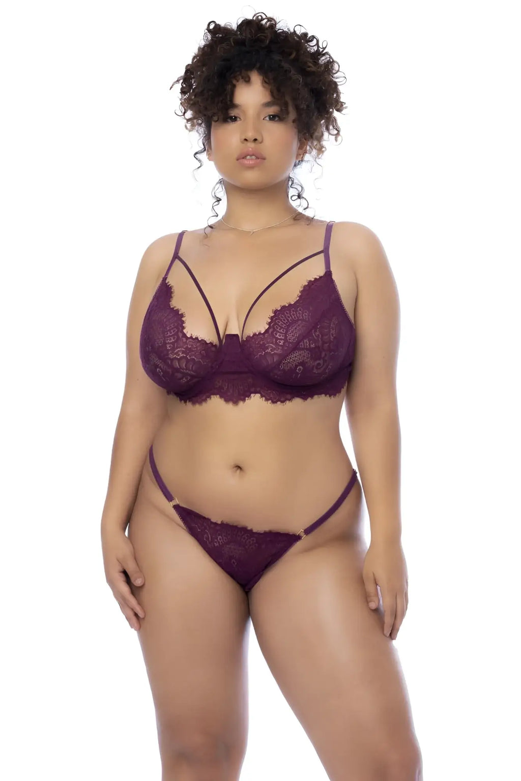 Mapale 8866x three piece set wine color purple lace bra and matching thong lingerie set front view