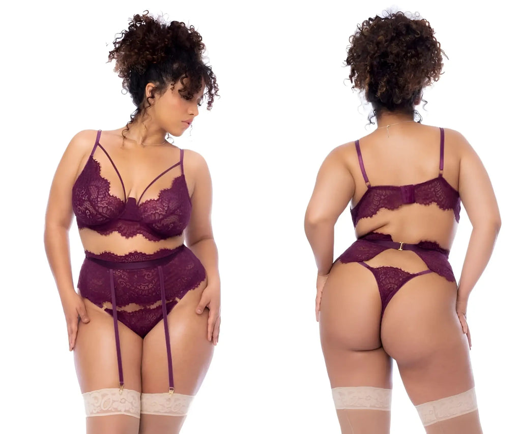 Mapale 8866x three piece set in wine lace lingerie with matching garter belt and stockings for intimate wear