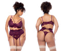 Mapale 8866x three piece set in wine lace lingerie with matching garter belt and stockings for intimate wear