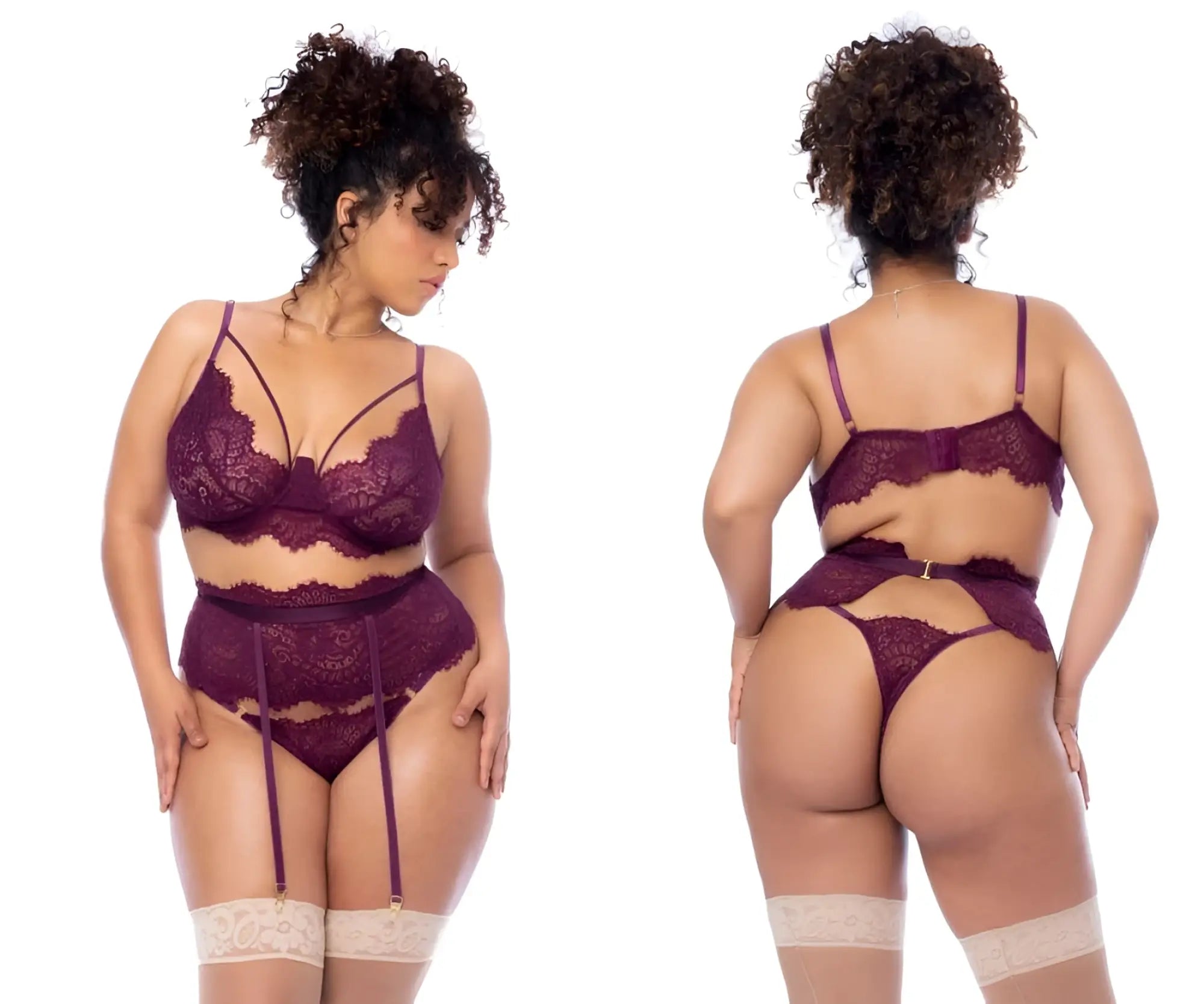 Mapale 8866x three piece set in wine lace lingerie with matching garter belt and stockings for intimate wear