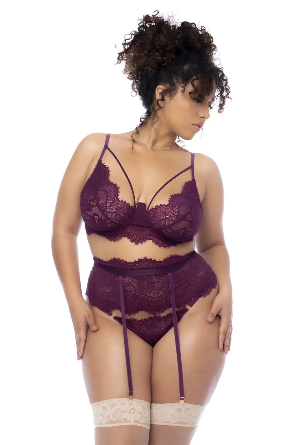 Purple lace lingerie set with matching suspenders and cream lace garter belts from mapale 8866x three piece set wine color