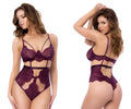 Maroon lace teddy with intricate floral patterns and thin straps by mapale 8868 in color wine