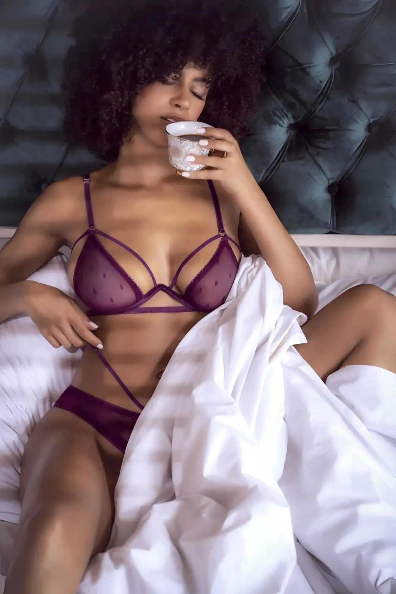 Mapale 8870 two piece set wine purple lace bra with thin straps and sheer dotted mesh design