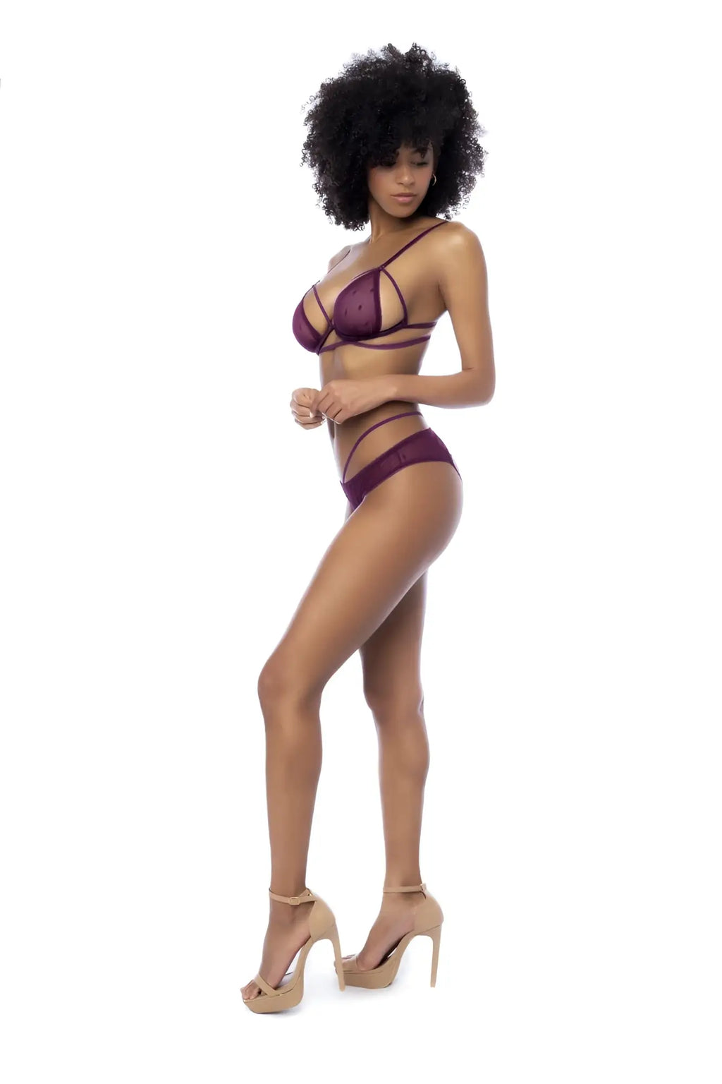 Mapale 8870 wine color two piece lingerie set with purple lace mesh detailing and thin straps