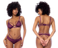 Purple lace lingerie two piece set with intricate crisscross straps and sheer mesh in wine color by mapale 8870