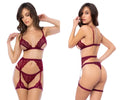 Maroon lace lingerie set with intricate floral patterns and adjustable straps from mapale 8872 three piece set rosewood