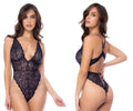Mapale 8875 bodysuit in midnight blue features a black lace design with intricate floral patterns and a deep v-neckline