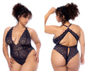 Mapale 8875X midnight blue lace bodysuit with intricate floral patterns and a halter neckline