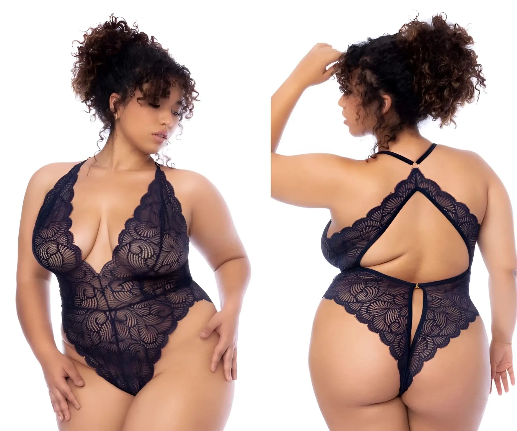 Mapale 8875X midnight blue lace bodysuit with intricate floral patterns and a halter neckline