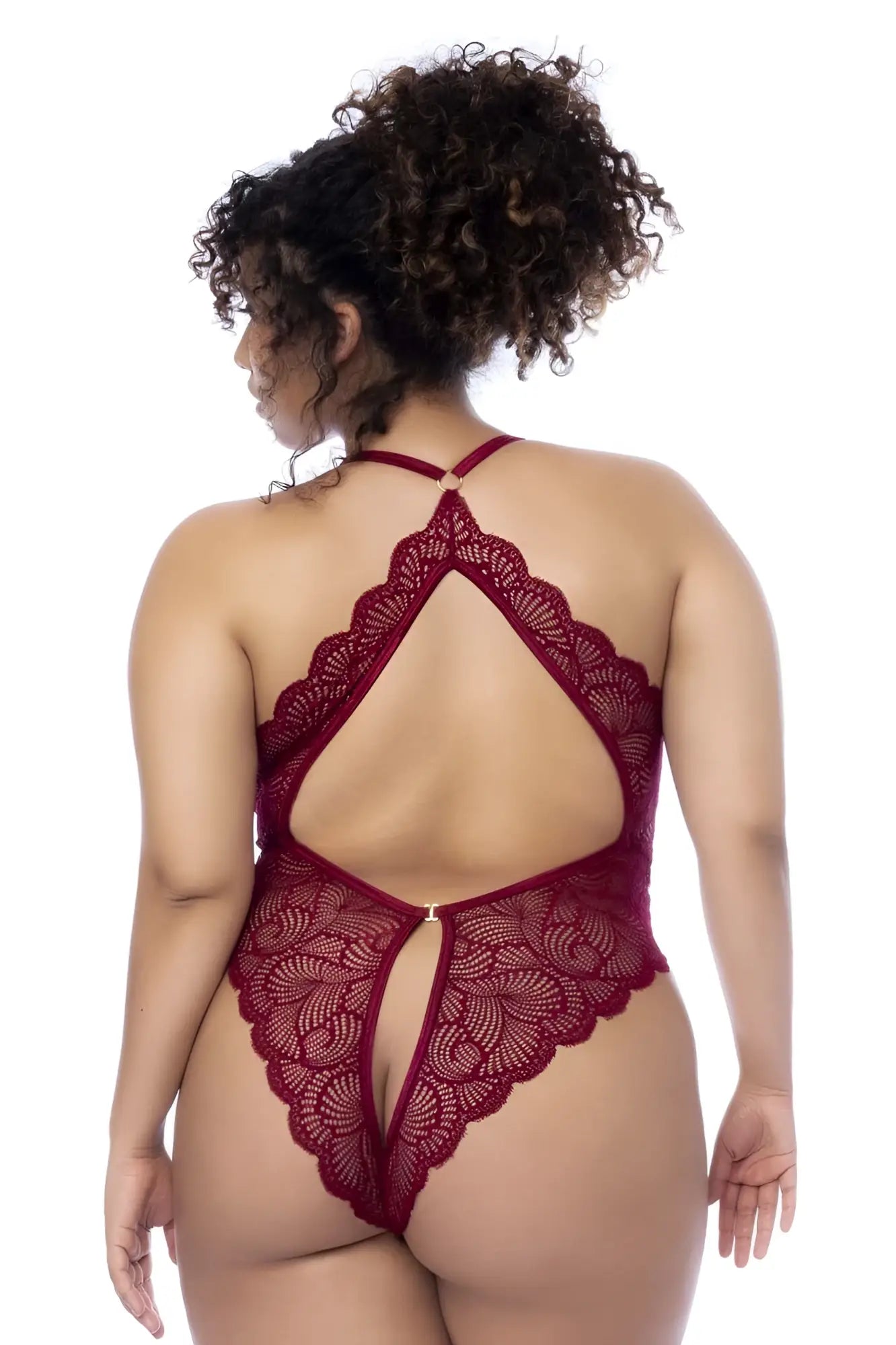 Mapale 8875X bodysuit rosewood color burgundy lace with detailed back design and open cutouts showing back side