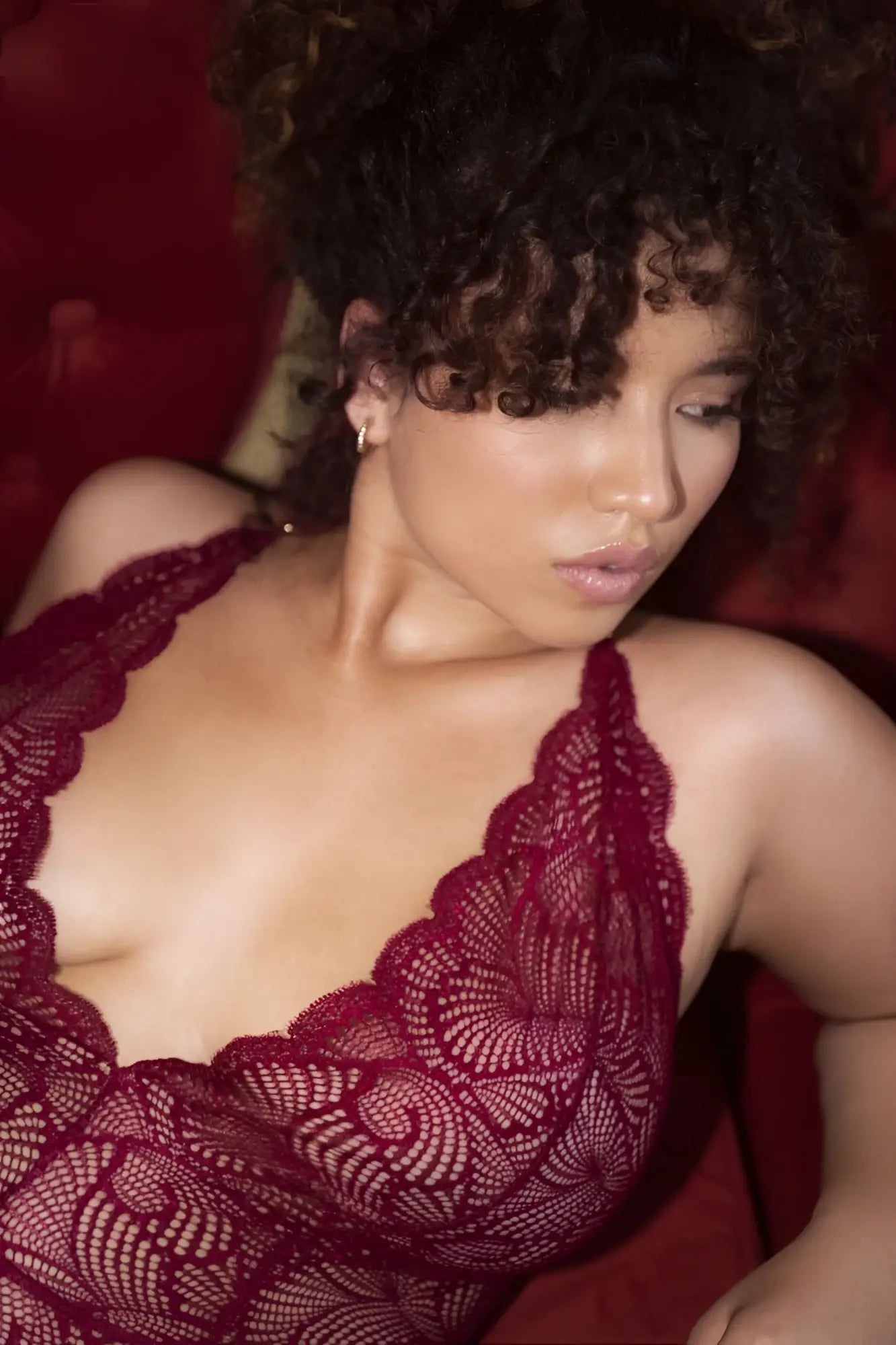 Mapale 8875x bodysuit in rosewood deep red lace with intricate fan patterns and scalloped edges front view