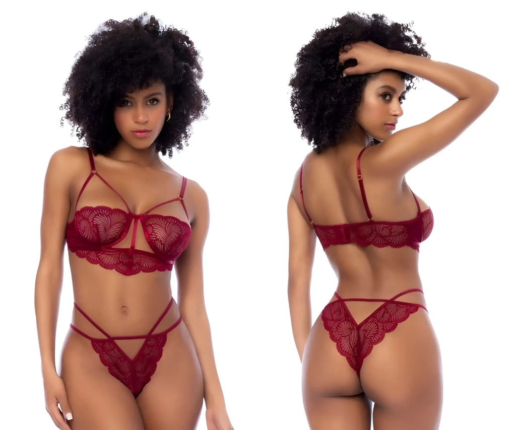 Mapale 8878 two piece set rosewood red lace lingerie with intricate floral patterns and thin straps