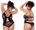 Black lace bodysuit with satin trim and cutout details in black by Mapale 8881X for a stylish look