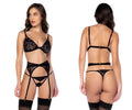 Black lace lingerie set with adjustable straps and garter belts from mapale 8887 three piece set in black