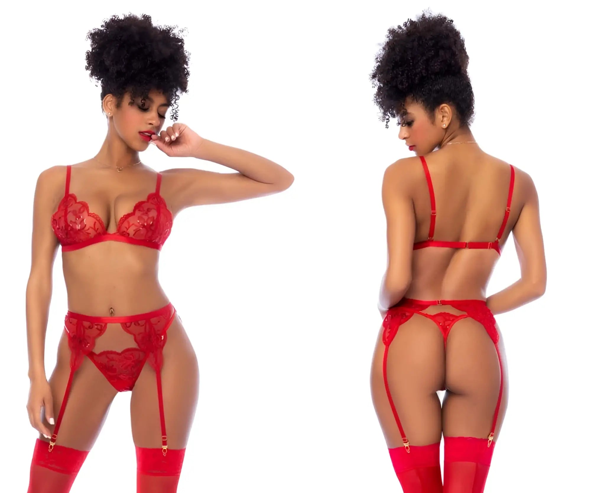 Red lace lingerie set three piece with matching garter belts and thigh-high stockings by Mapale 8893 in red