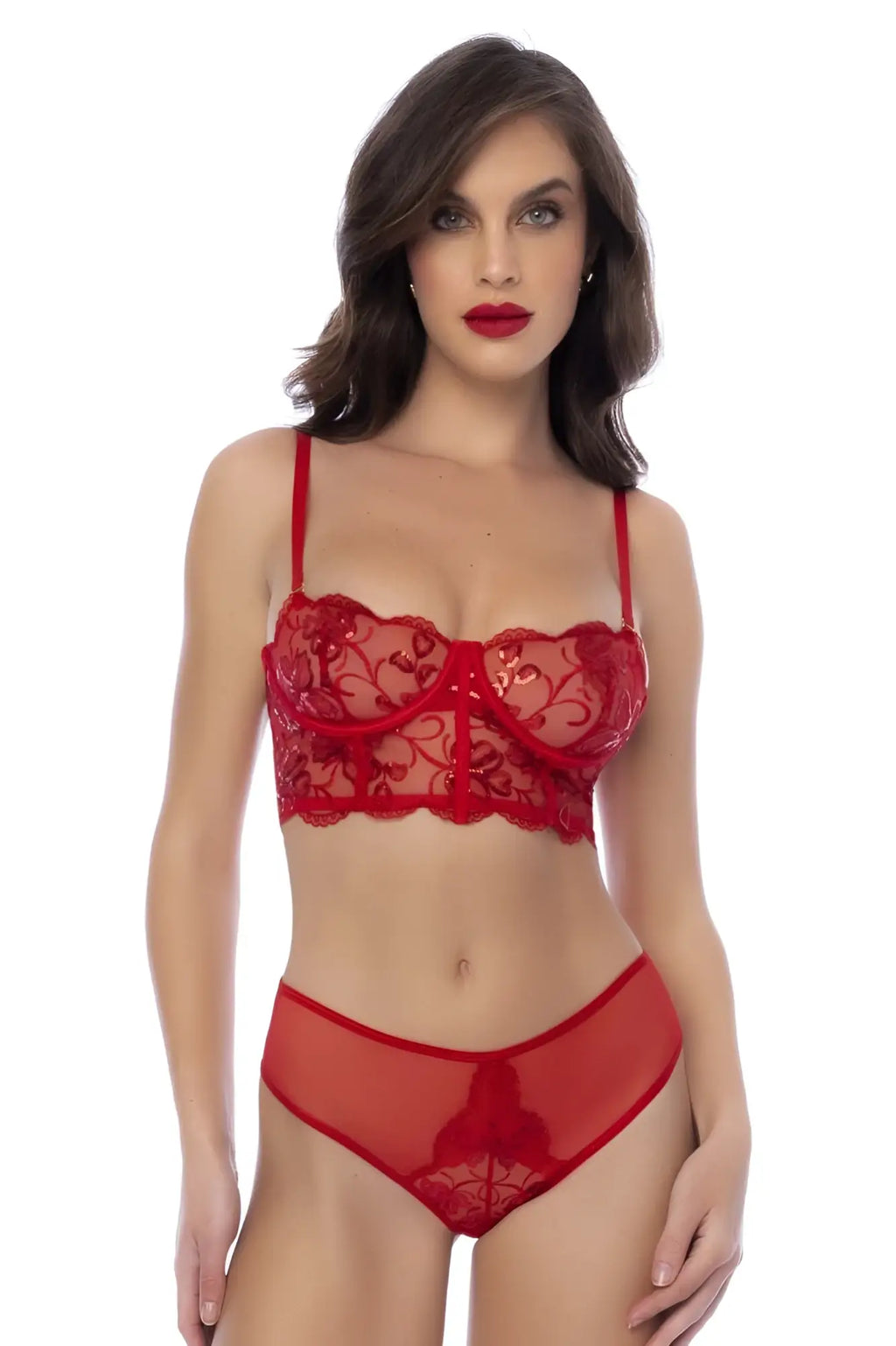 Red lace bra and matching panties two piece set by Mapale in vibrant red featuring delicate lace details